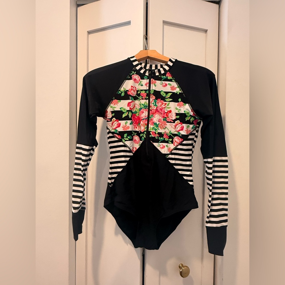 Floral and Striped Long Sleeve Swimsuit - small